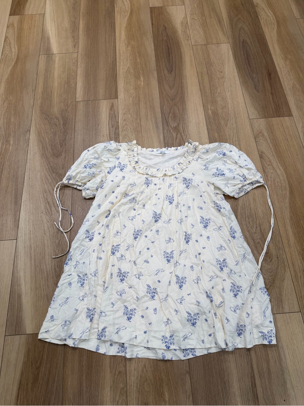 Zoco Cream Floral Puff Sleeve Babydoll dress with Blue Print bunny